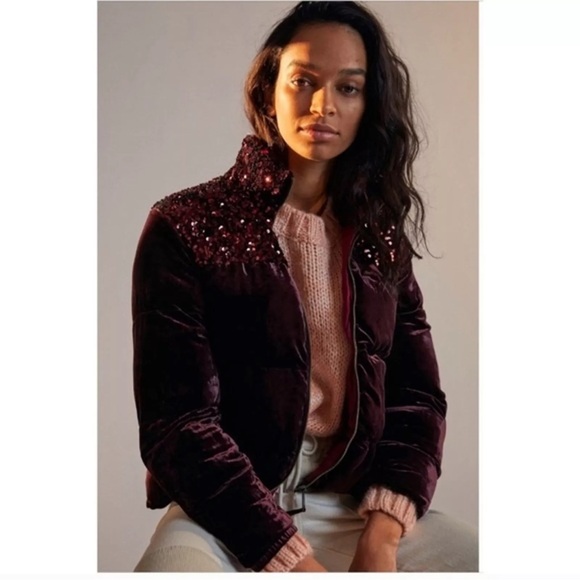 Anthropologie Jackets & Blazers - Anthropologie burgundy velvet coat with burgundy sequins EUC